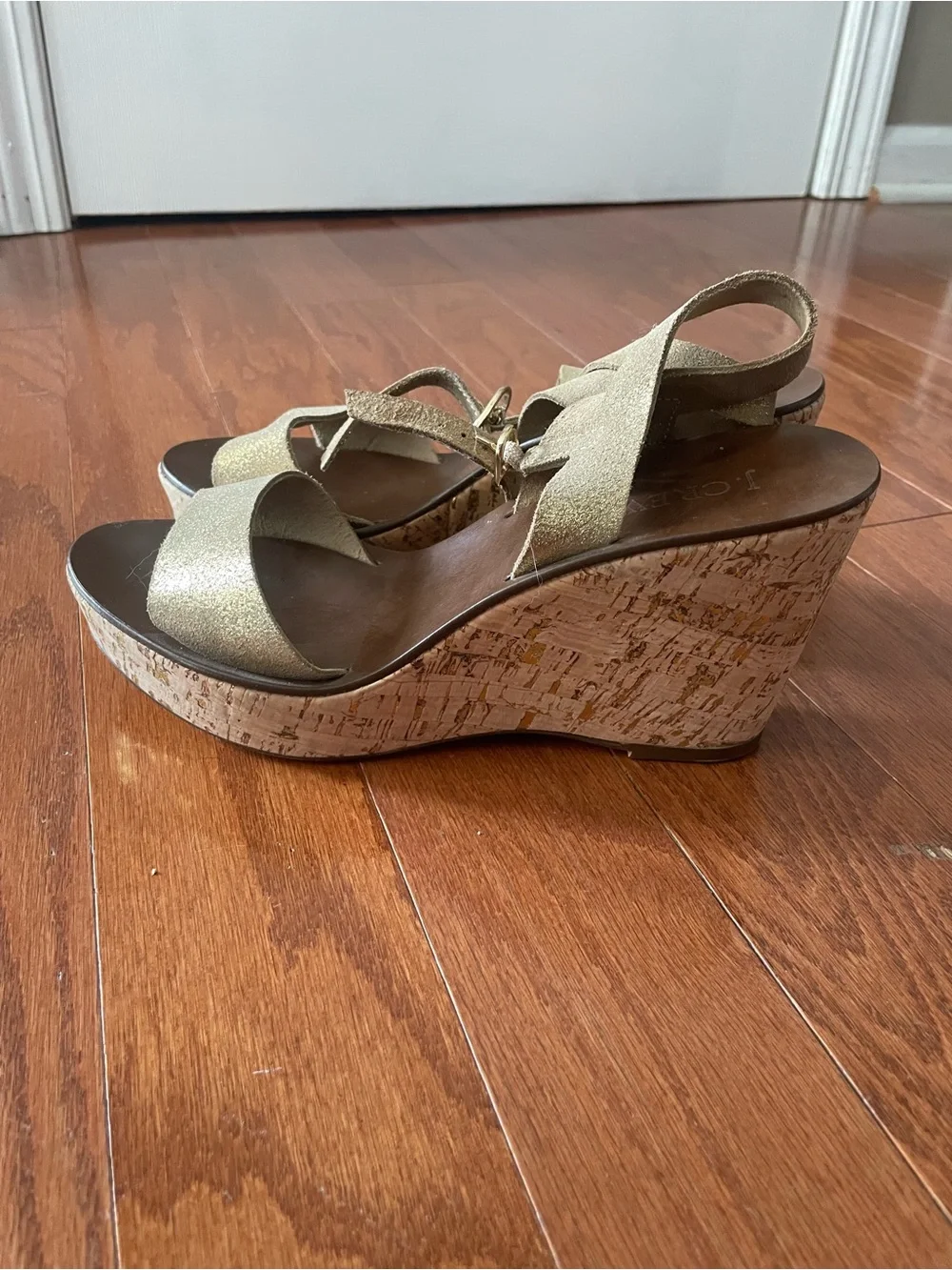J. Crew Gold Metallic Cork Wedge Sandals